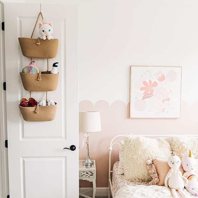 OrganiHaus Over the Door Organizer, Woven Rope Hanging Baskets, 3-Tier | Cotton Wall Storage Basket For Nursery Decor, Entryway, Bathroom, Playroom Or Dorm, Mounts On Door Or Wall, Honey