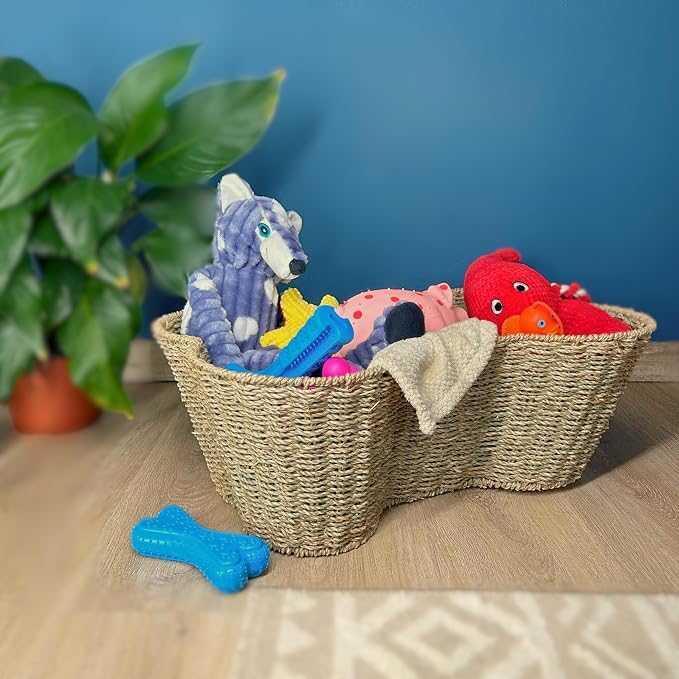 OtterPets Dog Toy Basket, Cotton Rope Bone Shaped Dog Toy Bin, 22x14 | Handmade dog toy box, dog toy storage, dog basket, basket for dog toys, dog storage, Large 22 x 14 in, natural seagrass