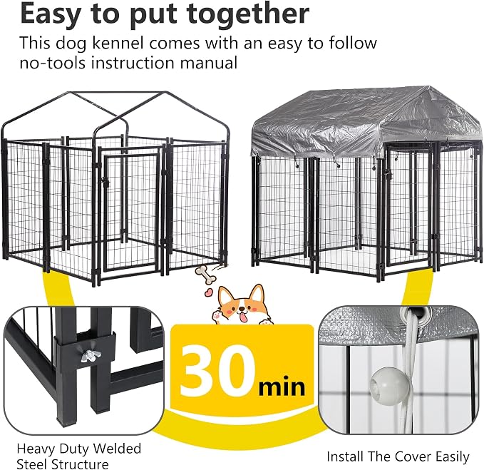 FDW 4 x 4 x 4.3 Ft Dog Kennel Outdoor Welded Wire Heavy Duty Playpen Dog Crate Cage with Waterproof Cover Roof and UV Resistant Pet Kennel Fence with Secure Lock, Black