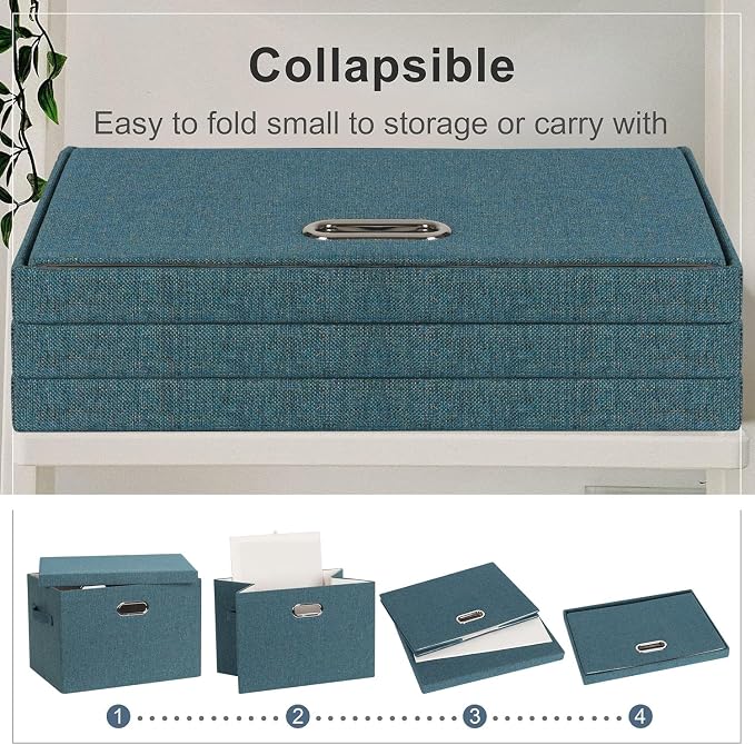 Storage Bins with Lids Fabric Closet Organizers Cubes Office Organization | 36 Quart 3 Pack Blue-Green Collapsible Stackable Linen Fabric 4 Handles Bedroom Closet Cabinet Under Bed Clothes Toy Office