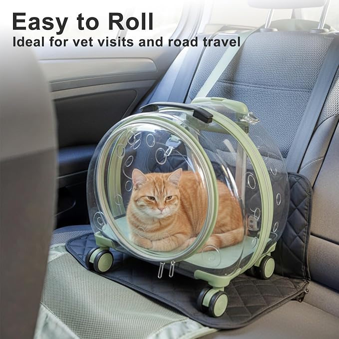 Transparent Hard Shell Cat Carrier with Wheels, Green | Rolling cat carrier, 17-lb max load, Breathable, Telescoping handle, Shoulder strap, Clear pet carrier, Portable, Travel