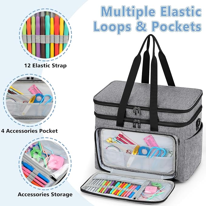 Crochet Organizer Bag with Yarn Holder, Large Yarn Storage for Accessories | 3PCS Crochet Knitting Bag with Accessory Pouch for Hooks, Needles, Travel Tote, Crochet Lovers, Gift for Crafters, No-Tangle