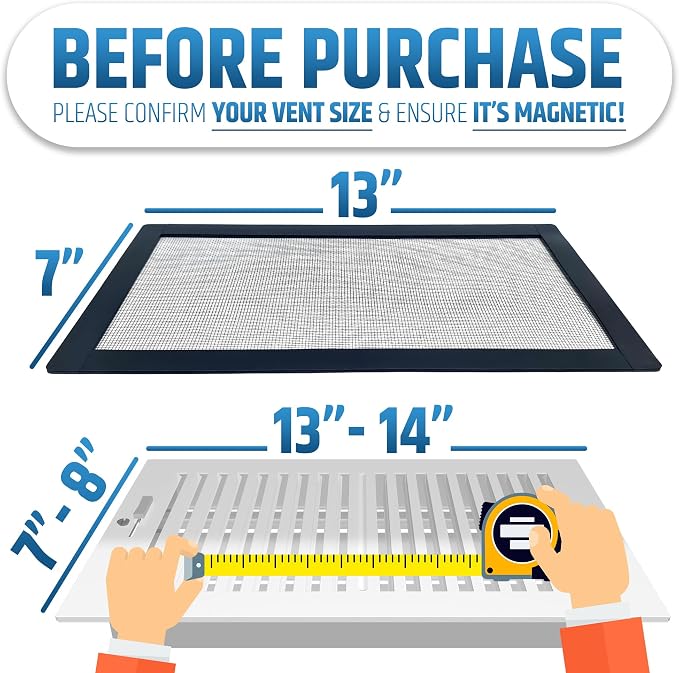 Powerful Magnetic Vent Screen Mesh Covers (3-Pack) that Will Never Move or Fall - for Floor, Wall & Ceiling Registers of Width 7" to 8", Length 13" to 14" - Super Strong Neodymium Magnets | Black