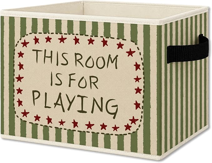 Nursery Playroom Cube Storage Bins with Handles, This Room Is for Playroom Green Striped Collapsible Fabric Storage Basket Boxes Books Clothes Organizer for Boys Bedroom Playroom Bathroom
