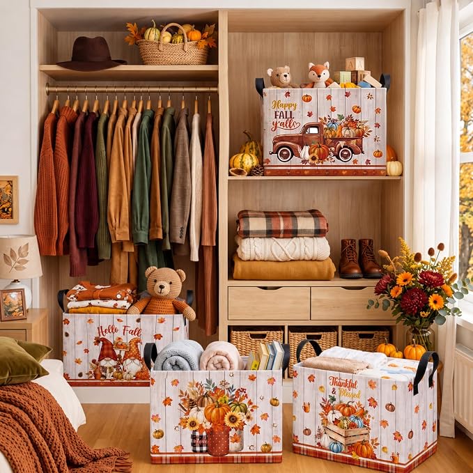 4 Pcs Fall Storage Basket for Gifts Empty Large Fall Pumpkin Storage Bins with Handles 15 x 10 x 8 Fabric Laundry Baskets Autumn Harvest Collapsible Organizer Boxes for Home Clothes Toys Books