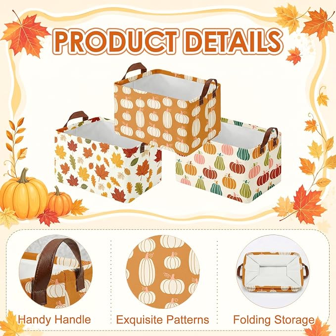 Britimes Fall Pumpkin Storage Baskets for Gift, Toy Storage Bins Box, 3Pcs | Autumn Harvest Canvas Collapsible Baskets Organizer with Handles Fall Nursery Decor Laundry Basket for Shelves Closet