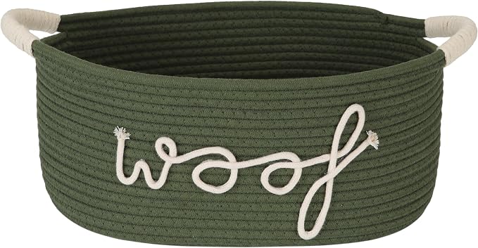 Sea Team Dog Toy Storage Basket with Handles, Green Woof | Large Cotton Rope Storage Bin, Shelf Basket, Organizer for Pet Chew Toys, Foods, 16.5 x 11 x 7 Inches, 4.4 Gallons