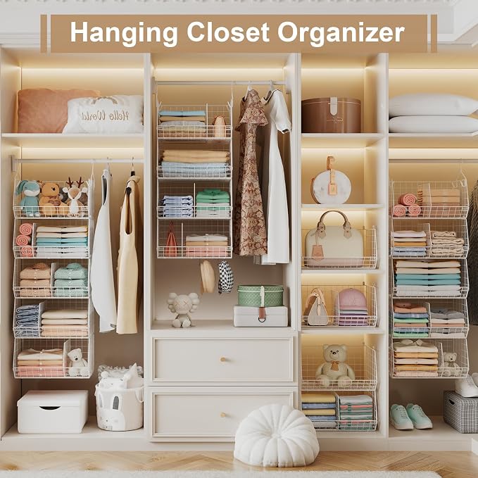 5 Tier Extra Large Closet Hanging Shelves with Divider,2 Pair Hook,16.5"L x 11.8"W x 51.4"H Closets Organizers and Storage,Clothes Organizer Clothing Sweaters Shoes Handbags Clutches Accessories-White