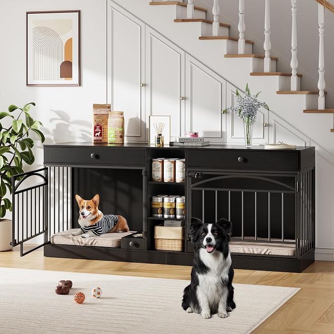 IDEALHOUSE 78.7" Double Dog Crate Furniture with Storage and 2 Doors, Black | Dog Kennel Indoor with Feeding Bowls, Wood Dog Crate TV Stand for Small Medium Dogs