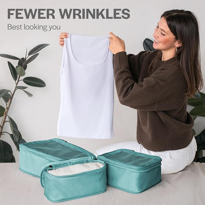 Compression Packing Cubes for Travel, 4-Pack, Teal | Solves overpacking, 4-Piece set fits most carry-ons, 50% Space savings, Compression luggage organizer bags