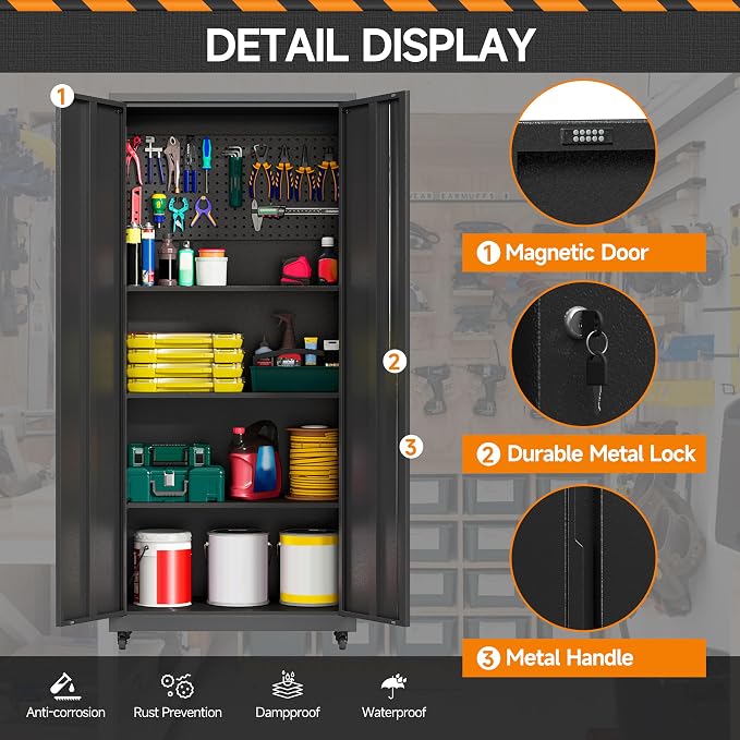 71''H Garage Storage Cabinet, Meatl Storage Cabinet with Lock | Tool Storage Cabinet, Steel Tool Cabinet with 2 Doors and Shelves for Garage, Warehouse, Assembly Required, Black
