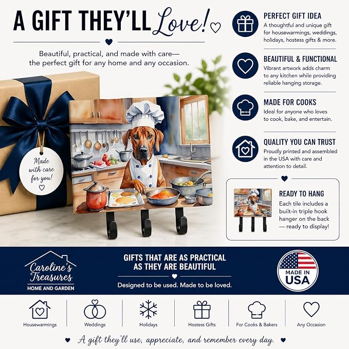 Caroline's Treasures Rhodesian Ridgeback The Chef Leash or Key Holder Wall Hooks, Key Hooks Holder, Coat Rack Wall Mount, Coat Hooks, Hooks for Hanging Keys, Towels, Aprons, Leashes | Rhodesian Ridgeback The Chef artwork on ceramic tile with three stee...