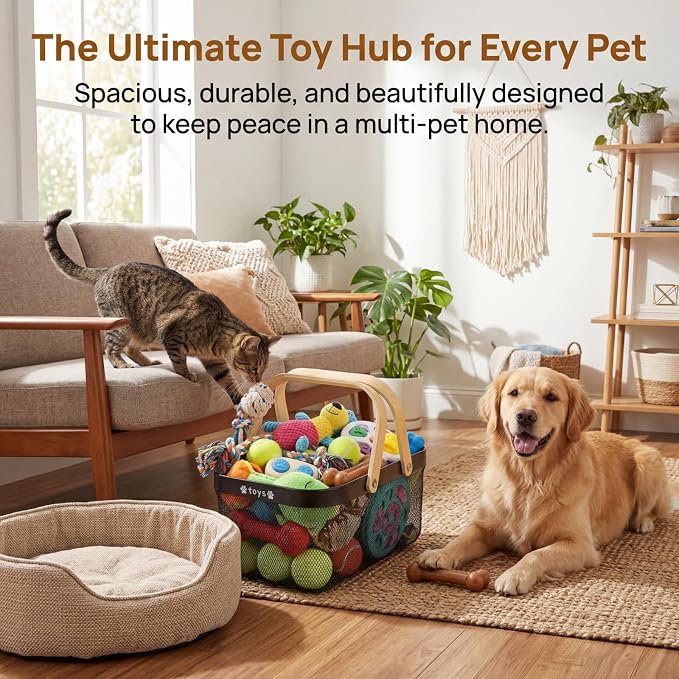 Metal Dog Toy Basket, Chew-Proof Food Bin with Handles | Medium Indestructible Feeding Storage Container, Pet Stuff Organizer Box for Living Room, Dog Leash, Blanket