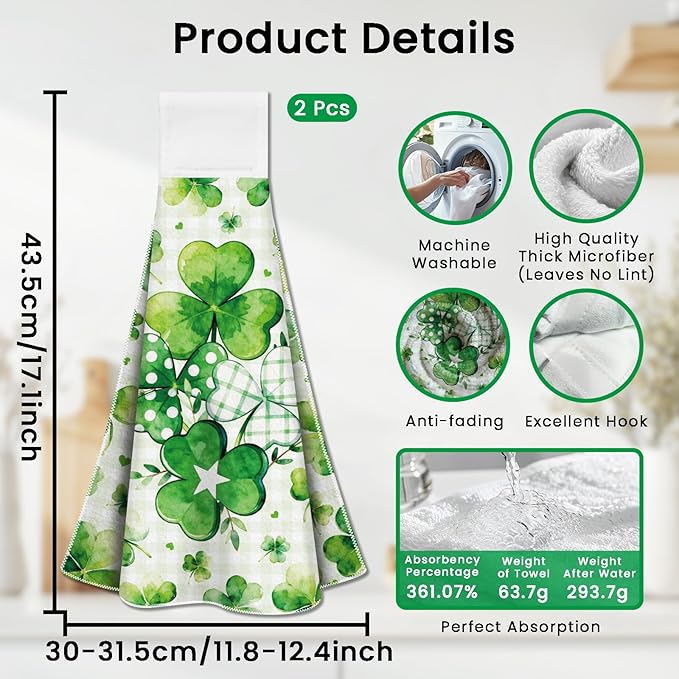 CUTHOLLOW Clover Print Hanging Kitchen Towels with Loop, Set of 2 - Soft & Super Absorbent Microfiber Decorative Dish & Hand Towel, Tea, Coffee Towel for Kitchen Bathroom Oven Handle