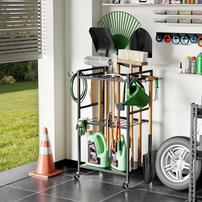 SPACECARE Garden Tool Organizer with Wheels, Up to 35 Long-Handled Tools | Yard Tower Rack for Garage Organization and Storage, Heavy Duty Steel Garden Tool Stand for Shed, Outdoor (Rakes/Brooms)