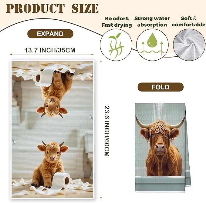 Bath Towels Set of 2, Cute Highland Cattle Dish Towel for Bathroom Spa Washroom, Western Cow Fast Drying Decorative Hand Towels, Farmhouse Housewarming Xmas Gifts for Women Mom -B21