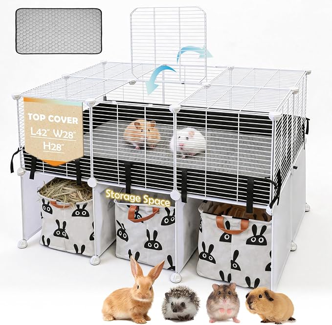 MEEXPAWS Guinea Pig Cages, Bunny and Rabbit Cage Large 42"L x 28"W x 28"H | Small Animal Playpen with Storage Space, Top Cover, Waterproof Liner and Washable Pee Pad, Indoor Pet Enclosure for Kitten