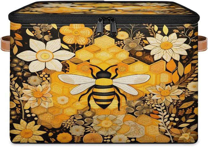 Storage Bins Honey Bee Storage Basket with Zipper Lid & Handle Foldable Storage Box Storage Cube Bin Clothes Organizer for Closet, Bedroom