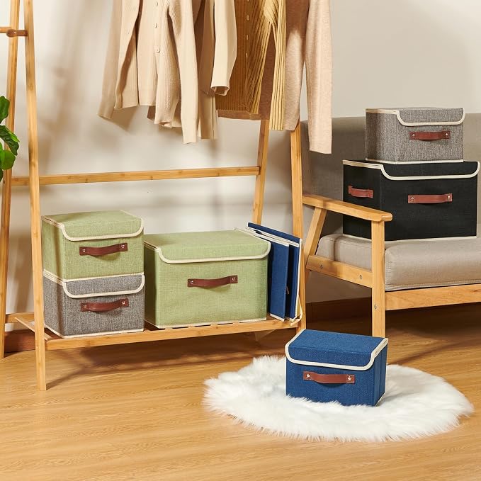 2PCS Storage Boxes with Lids Cotton Linen Fabric Bins Baskets | Decorative Collapsible Washable, Clothes Container Organizer for Closet Shelf, w/ Faux Leather Handles, Green, Large