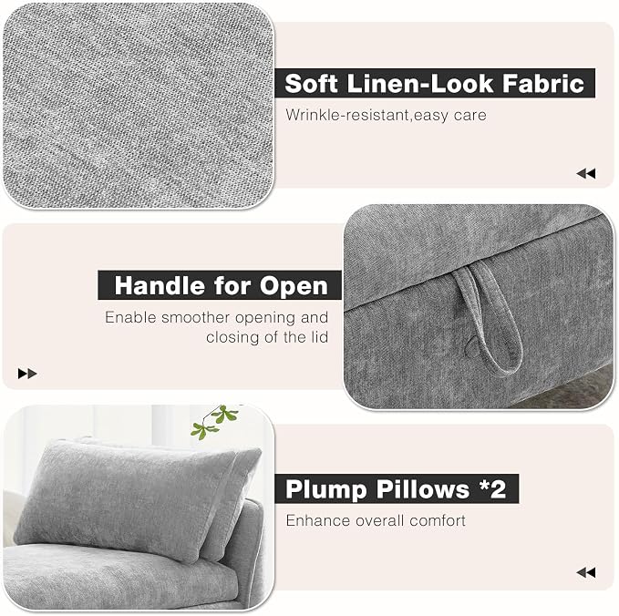67"End of Bed Storage Bench King Size,Upholstered Bedroom Bench,Grey | Linen Storage Bench for Bedroom End of Bed ,2 Cushion, Vintage Wood Legs ,Tufted,Storage Ottoman Bench for Entryway Window