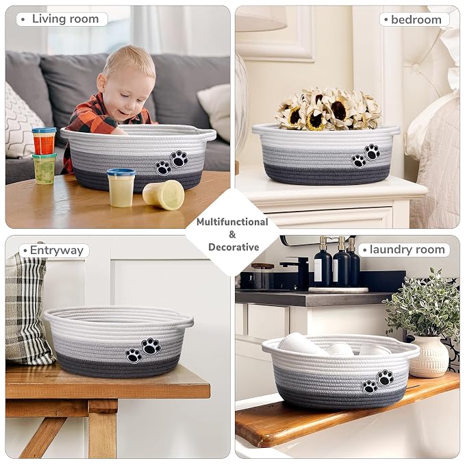 Woven Rope Dog Toy Basket with Paw Print, Mixed Grey | 12"x 8" x 5" Small Dog Toy Bin & Box with Handles, Fits Living Room Bedroom Nursery Organization, Gift Basket Empty for Pets