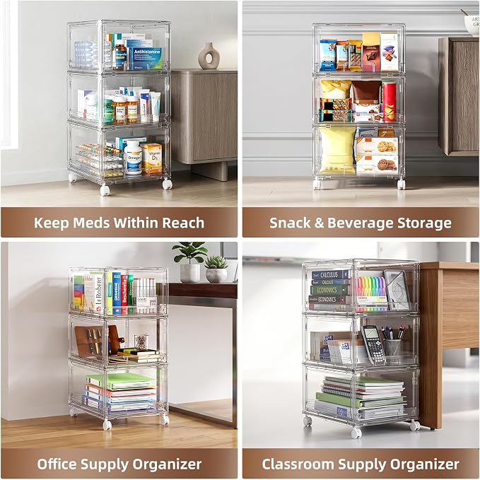 Large Clear Storage 3 Drawer Organizer with Wheels for Closet | Plastic Drawer Organizer, Storage Bins with Drawers, Dustproof Rolling Cart Bedroom, Bathroom, Home Office, and Dorm Rooms