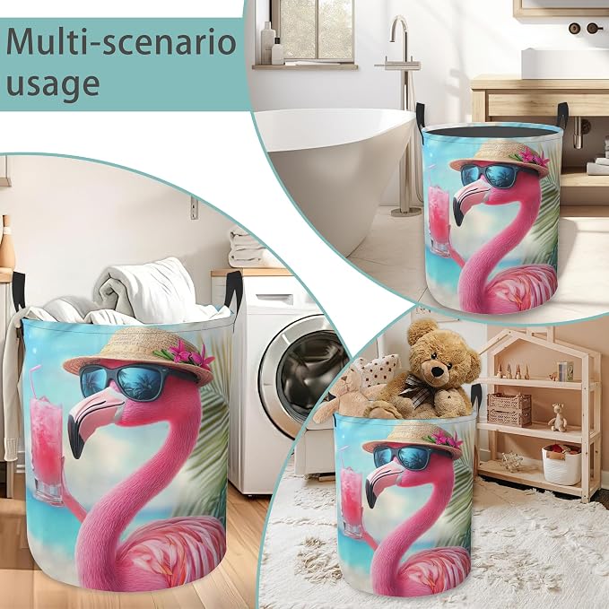 Flamingo Juice Beach Laundry Basket With Handles Tote Bag Oxford Cloth Funny Laundry Hamper Clothes Storage Bucket Toy Organizer 16" X 20.8"For Bathroom/Laundry/Bedroom