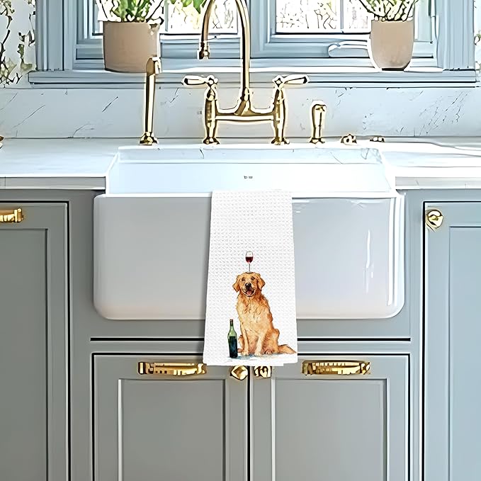 Funny Wine Golden Retriever Decorative Kitchen Towels, Gifts for Golden Retriever and Wine Lovers, Hand & Tea Towels for Bar Cart, Dog Mom and Dad Gifts Dish Towel Dishcloth, 16x24 Inch