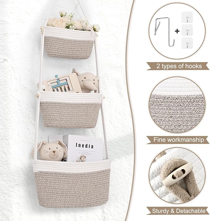 Hanging Basket, 3-Tier Woven Wall Basket with 4 Hooks, Cotton Rope Storage Baskets, Over the Door Organizer for Nursery, Bedroom, Cottage and Boho Wall Decor