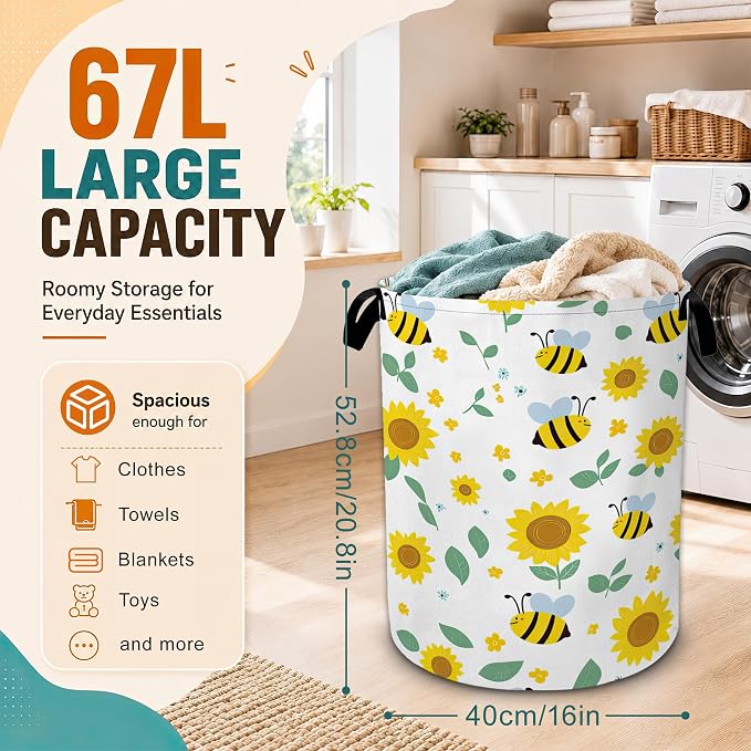 Cute Bee Sunflower Laundry Basket with Handles,Foldable Oxford Laundry Hamper,Collapsible Clothes Storage Basket for Laundry Room/Bathroom/Bedroom/Dormitories 20.8 x 16 Inches