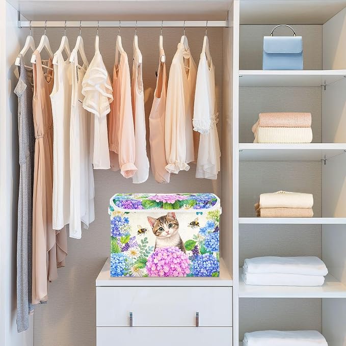 Fabric Storage Bins with Lid Cat Bloom Closet Storage Basket 40L | Decorative Storage Boxes, Foldable & Stackable, Dust-Proof Flip Top, Reinforced Handles, For Home & Dorm, Clothes & Toy Box