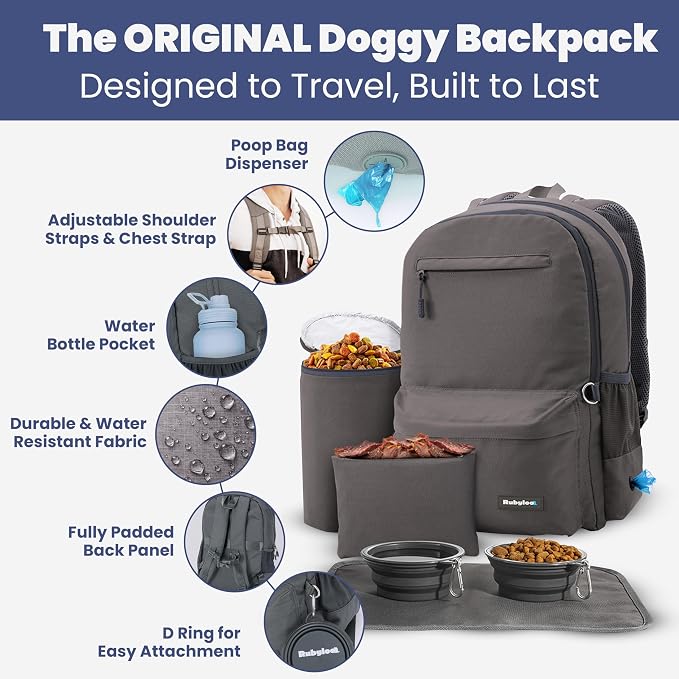 Dog Travel Backpack for Supplies - Dog Diaper Bag with Travel Bowls | 2 BPA-Free Bowls; Food Container & Treat Pouch; Placemat; Laptop Sleeve; Poop Bag Dispenser, Hiking, Camping & Road Trips,