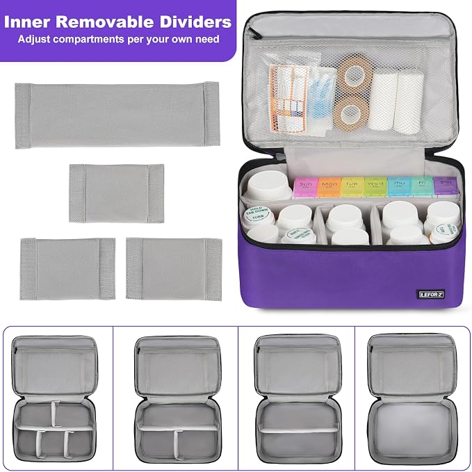 LEFOR·Z Medicine Storage Bag,Double Layers Pill Bottle Organizer Bag Empty | Medical Supplies Bag with Lockable Zipper & Adjustable Divider,Medication Travel Carrying Bag for Pills,Vitamins,Purple