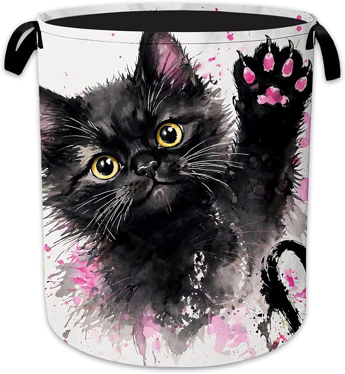 Black Kitten Laundry Basket Oxford Cloth Pink Paw Laundry Hamper With Handle Foldable Portable Clothes Storage Basket Storage Bag For Laundry Room/Bathroom/Bedroom/Dormitory 20.8"x16"