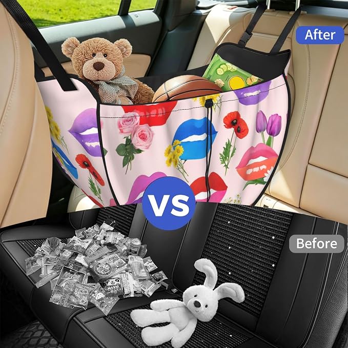 Lip Flower Car Seat Organizer-Backseat Storage Bag for Travel | Waterproof Durable. Holds Snacks Gear Essentials. Fits Most Cars.