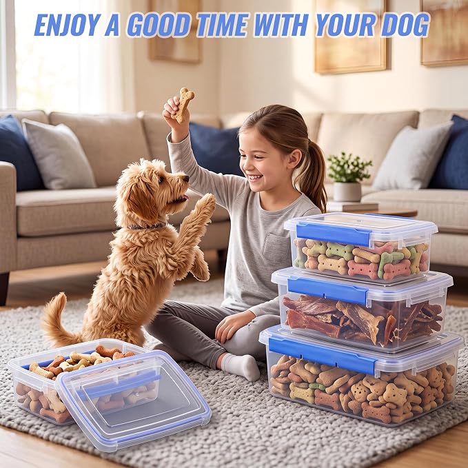Mifoci 4 Pcs Airtight Dog Treat Container Pet Food Storage with Lids | 1.3-8.2 Qt Plastic Pet Treats Storage Bins Stackable Airtight Dry Food Container Set in 4 Sizes for Biscuits Snacks
