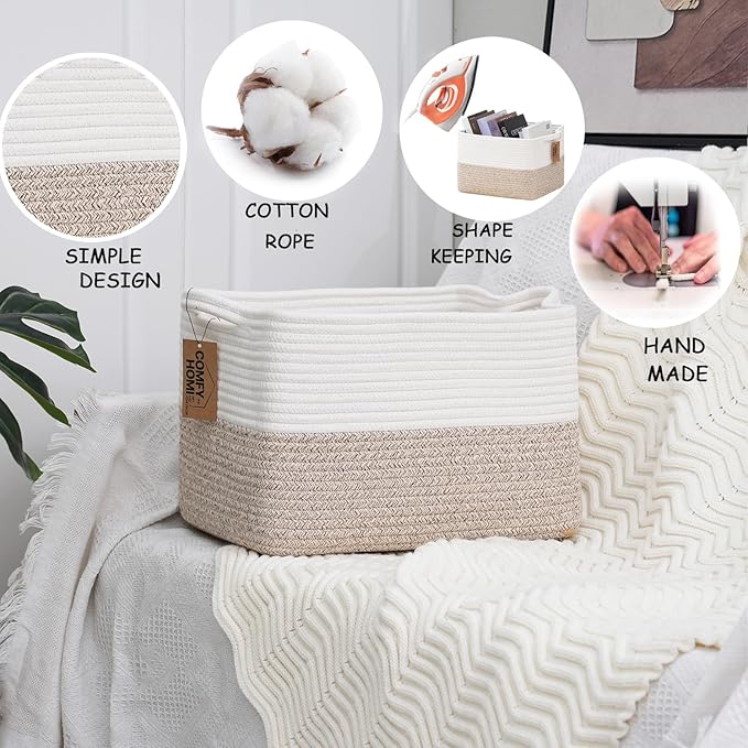 COMFY-HOMI Cotton Rope Woven Basket with Handles for Shelves,Toys,Book, Cloth Storage Baskets Bin for Organizing- 1 PCSToy Decorative Organizer for Living Room, Bathroom