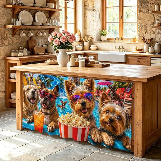 Summer Dog Sink Skirt for Bathroom, Self-Adhesive Under Sink Curtain, Summer Fantasy Pets Juice Popcorn Pool Country Hide Pipes & Storage Fabric Cabinet Skirt Cover for Kitchen Laundry 32"x55"