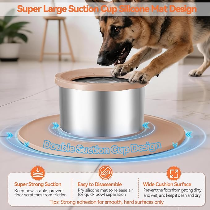 Decflow 12L No Spill Dog Water Bowl for Large Dogs, Stainless Steel Spill Proof Bowls with Suction Cup Anti-Skid Mat, Slow Feeder for Messy Drinkers, Heavy Duty Pet Bowls for Indoor/Outdoor Beige