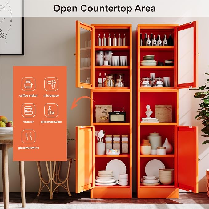 YAUWOH 2-Door Metal Storage Cabinet, Tall Slim Pantry Organizer with 3 Adjustable Shelves (120LBS/Shelf), Anti-Tipping Waterproof Cabinet for Bathroom/Kitchen/Home Office/Small Spaces,(1PC,Orange)