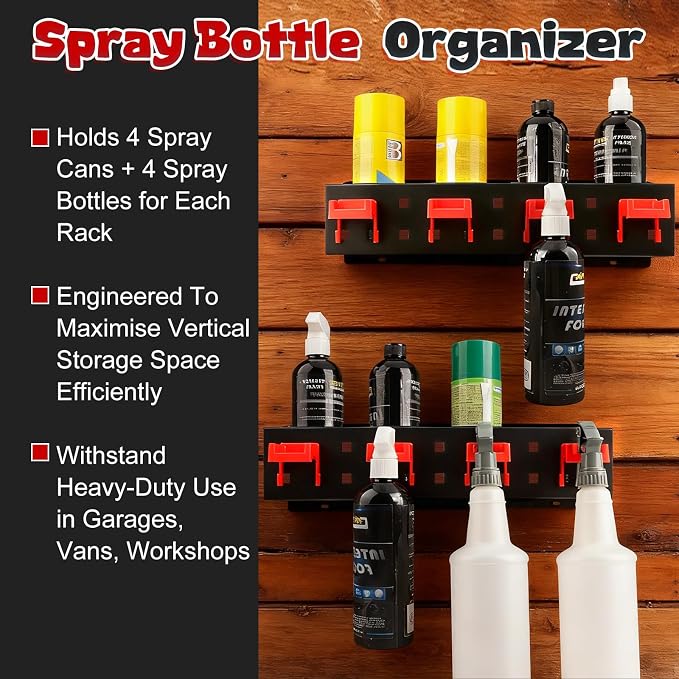Spray Bottle Holder, 2 Pack Wall Mount Car Detailing Can Holder Spray Rack | Heavy-Duty Carbon Steel Auto Detail Spray Bottle Organizer, Spray Can Holder with Hooks for Garage Workshop Van Shed Storage