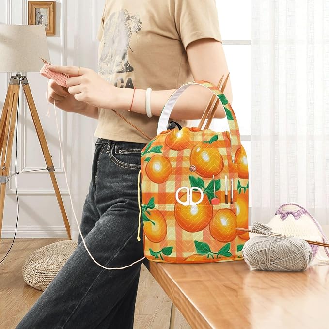 Tatenale Crochet Bag Yarn Bag Knitting Project Bag with Pockets and Handle Portable Yarn Storage Organizer Tangle Free 8.3x11 InchCartoon Orange Plaid37