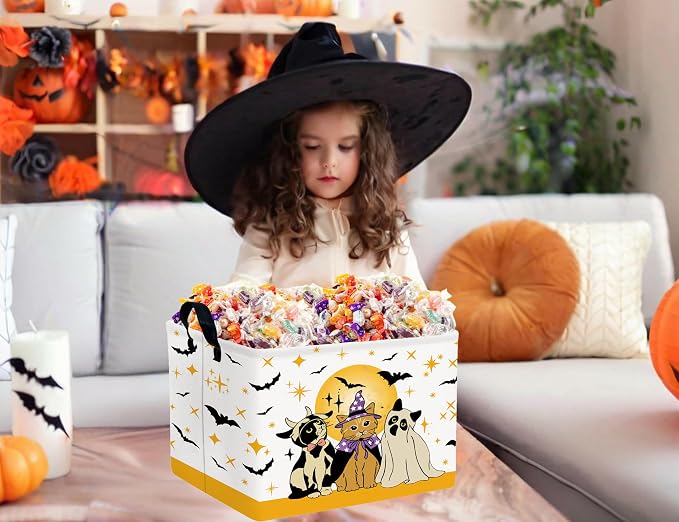 Large Halloween Themed Candy Gift Boo Basket for Kids Baby Personalized Adults Storage Bin Fall Decor(Cat Bat)