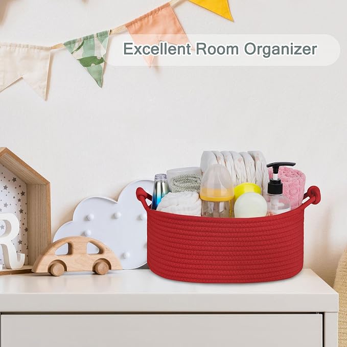 COMSE Small Gift Basket Empty with Bag & Ribbons, Solid Red | Cotton Rope, 12"x 8"x 5", Pet Toy Storage Organizer, Woven Basket for Birthdays, Baby Showers, Mother’s Day, Valentine’s Day