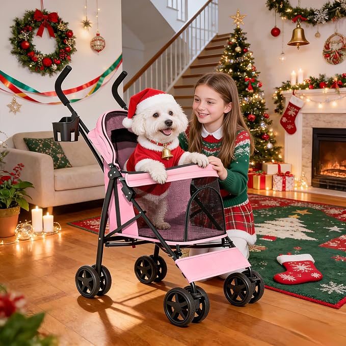 MoNiBloom Pet Stroller for Small/Medium Dogs and Cats up to 22 lbs, Pink | Foladble 4 Wheels Easy-Fold Puppy Cage Jogger Stroller with Sun Cover, Pad and Rear Storage Bag, Breathable and Visible Mesh