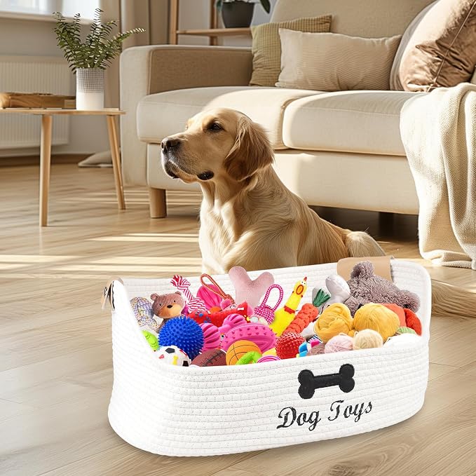 Woven Dog Toy Baskets,Rope Basket for Dog Toys,Collapsible Dog Toy Bin with Leather Handles,Trapezoidal Puppy Toy Storage Basket,Chewproof Dog Organizer for Toys,Collar,Leash,Blankets-Beige