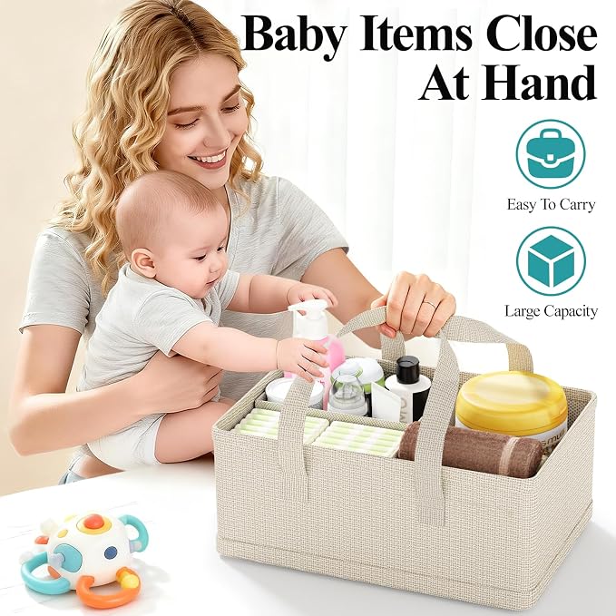 Bamboo Diaper Caddy Cart with Wheels - 3-Tier Rolling Storage，Beige | Removable bins, side pockets, sturdy handle, smooth wheels. For nursery, living room, laundry, pet. Natural bamboo, versatile
