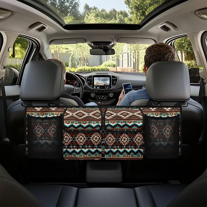 Dreaweet Native American Car Trunk Organizer,Aztec Tribal Geometric Backseat Hanging Large Storage with 4 Pockets Waterproof Collapsible Backseat Hanging Organizer,Cargo Storage Bag for SUV,Truck