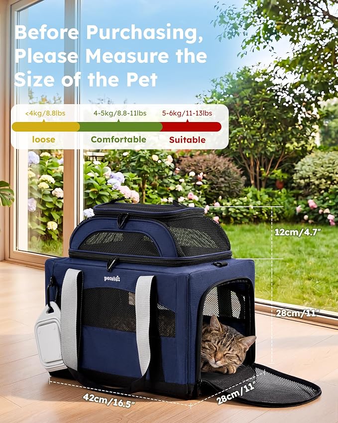 Pecute Cat Carrier, Top Expandable Dog Crate for Travel, Blue