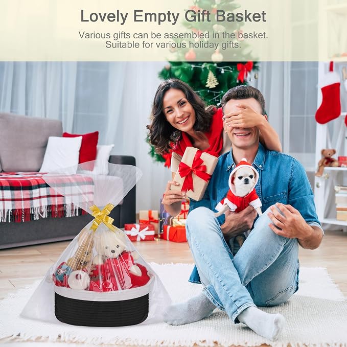 Small Empty Gift Basket with Bag & Ribbons, White & Black | 12“x8”x5”, Cotton Rope Woven Basket for Birthdays, Baby Showers, Mother's Day, Christmas; Stores Small Items, Kids & Pet Toys